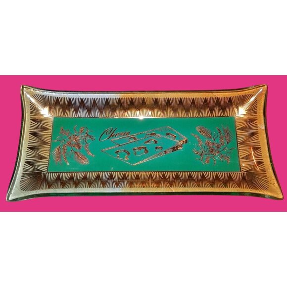 Mcm 1960s Teal Gold Glass Cheese Tray Rectangular 9x7 Inches Mid Century Style H - Picture 1 of 6